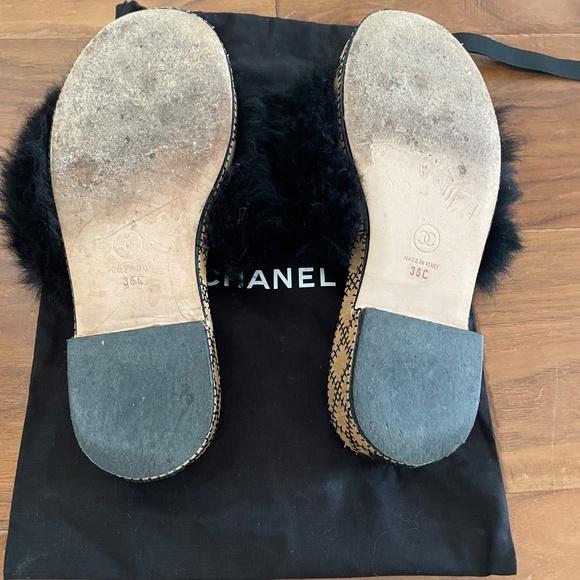Chanel 2022 Interlocking CC Logo Black Shearling Fur Faux Sandals 36C - Picture 6 of 10